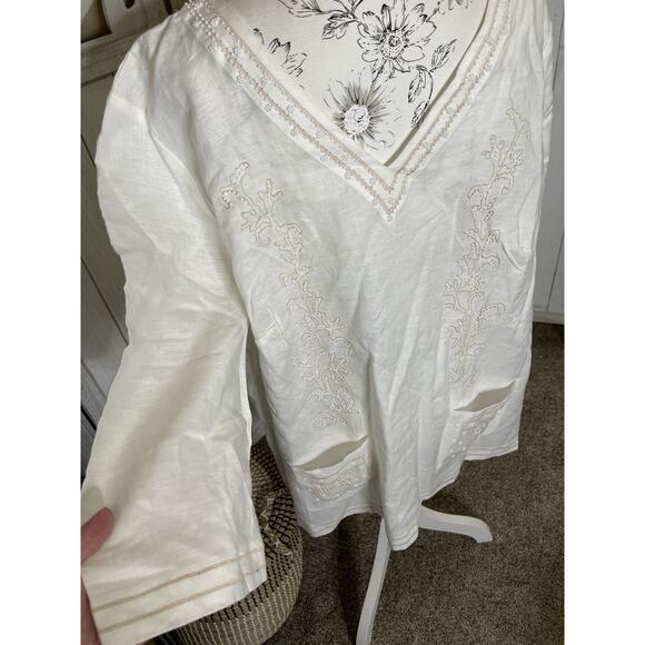 Edward Woman Irish Linen Embroidered Beaded Top Size 3X Clean White - Picture 2 of 6